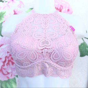 VS PINK Light Pink Lace High Neck Halter Padded Push-up Bralette